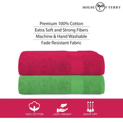House Of Terry 100% Cotton Bath Towel 1000 Gsm | Quick Dry, Soft & Absorbent, Fade-Resistant, Skin-Friendly Large Size Towel (Paradise Pink & Spring Green) - Pack Of 2
