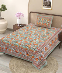Soft Cotton Single Size Bedsheet With 1 Pillow Cover - 60 X 90 Inches, Mustard & Green | Durable For Everyday Use - All Season Comfort