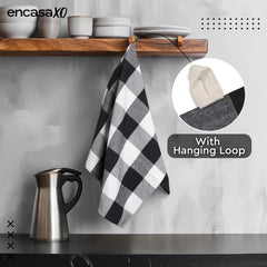 Encasa Xo Kitchen Cooking Cloth 340 Gsm | Cotton Hand Towel For Drying Dishes Highly Absorbent Cleaning & Quick Drying Of Plates | Buffalo Black Checks (Set Of 4)