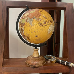 Antique Educational Rotating Geography Globe ( Yellow, World Map) With Metal Arc & Wood Round Stand For Gifting, Home Decor Office Table, Suitable For Kids & Student Learning, Pack Of 1