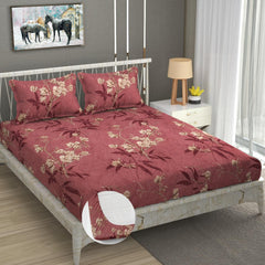 Premium Heavy Cotton Elastic Fitted King Size Bedsheet With 2 Pillow Covers - 72 X 78 X 10 Inches, Maroon | All Weather Comfort & Bedroom