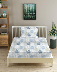 Printed Single Size Bedsheet Elasticated Fitted With 1 Pillow Cover - 36 X 78 Inch, Ferns Blue | 180 Thread Count - Lightweight & Breathable Bedsheet