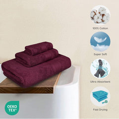 Trident Soft Comfort Air Rich Bath Towels 500 Gsm | 100% Cotton Towel, Super Soft, Highly Absorbent 3 Pieces (Red Wine)