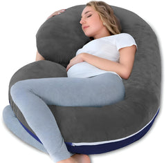 C Shaped Pillow, Pregnancy Pillow For Maternity & Baby Nursing - Grey & Dark Blue | Pregnant Women Stomach, Spine, Neck Support, Velvet Outer Cover With Zip, Adjustable, Multipurpose Use