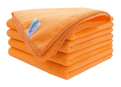 Softspun Microfiber Cleaning Cloths Towel Set 450 Gsm | Highly Absorbent Lint & Streak Free Multi-Purpose Wash Cloth For Kitchen Car Window Stainless Steel Silverware Pack Of 5 (Orange)