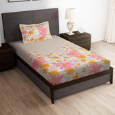 1 Piece Microfiber Bedsheet For Single Bed With 1 Pillow Cover - 57 X 88 Inches, Beige & Pink | Elegant Floral Design | Perfect For Everyday Use & Special Occasions