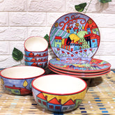 Exotic Panorama Hand Painted Ceramic Dinner Set - 10 Pieces, Multicolor | 4 Dinner Plates + 4 Katori Bowls, 180ml Each+ 2 Serving Bowls, 800ml Each Dinnerware Set | Serving For 4, Microwave Safe