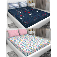 Presents Luxurious Glace Cotton King Size Bedsheet With 4 Pillow Cover - 108 X 108 Inches, Navy Blue & Pink | Perfect For All Season Comfort | Pack Of 2