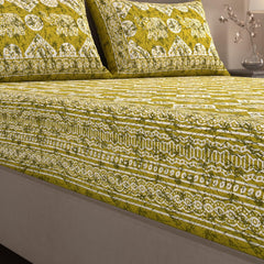 Handloom Printed Double Bedsheet For Queen Size With 2 Matching Pillow Cover | Size 90 X 100 Inches, Mustard Green - Cotton Bedsheets For Double Bed | Soft & Smooth