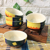 Boho Fiesta Hand Painted Ceramic Dining Bowl Katoris - 6 Pieces, 180ml Each, Multicolor | Ceramic Bowls - Serving Bowls For Dinner, Snacks & Dessert - Microwave Safe
