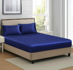Satin Fitted Solid Bedsheet King Size With 2 Pillow Cover - 72 X 78 X 10 Inches, Blue | Lightweight & Breathable, Perfect For All Seasons