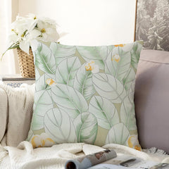 Microfiber Square Pillow Cushion For Sofa & Bed, Light Green - 16 X 16 Inch | Green Leaf Deign, Fluffy For Comfort & Back Support | Breathable, Premium Cotton Cushion Cover With Zip - Set Of 1