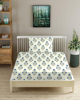 1 Single Bedsheet With 1 Pillow Cover - 36 X 78 Inches, Cream & Blue | Breathable & Skin Friendly Bedsheet | Ideal For Hotel, Guest House, Bedroom