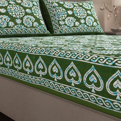 Handloom Printed Double Bedsheet For Queen Size With 2 Matching Pillow Cover | Size 90 X 100 Inches, Dark Green - Cotton Bedsheets For Double Bed | Soft & Smooth
