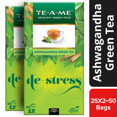 TE-A-ME Ashwagandha De-Stress Green Tea - Pack Of 2 X 25 Tea Bags | Reduces Stress & Anxiety - Goodness Of 10 Natural Ingredients