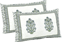 Hand Printed Cotton Bedsheet For King Size With 2 Pillow Covers | 90 X 108 Inches, White & Green | Ultra-Soft & Skin-Safe | Breathable Summer Comfort