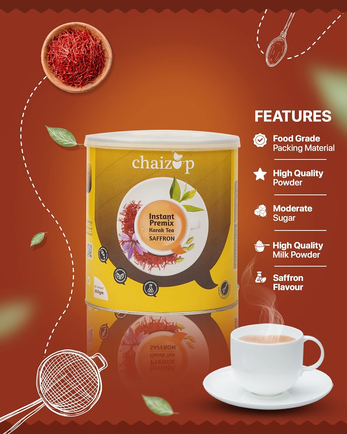 Chaizup Premium 1 Min Instant Saffron Tea Premix - 500gm Can, 17.6 Ounce | Instant Kesar Chai Powder - Just Add Hot Water | Low Caffeine Chaizup Premium 1 Min Instant Saffron Tea Premix - 500gm Can, 17.6 Ounce | Instant Kesar Chai Powder - Just Add Hot Water | Low Caffeine