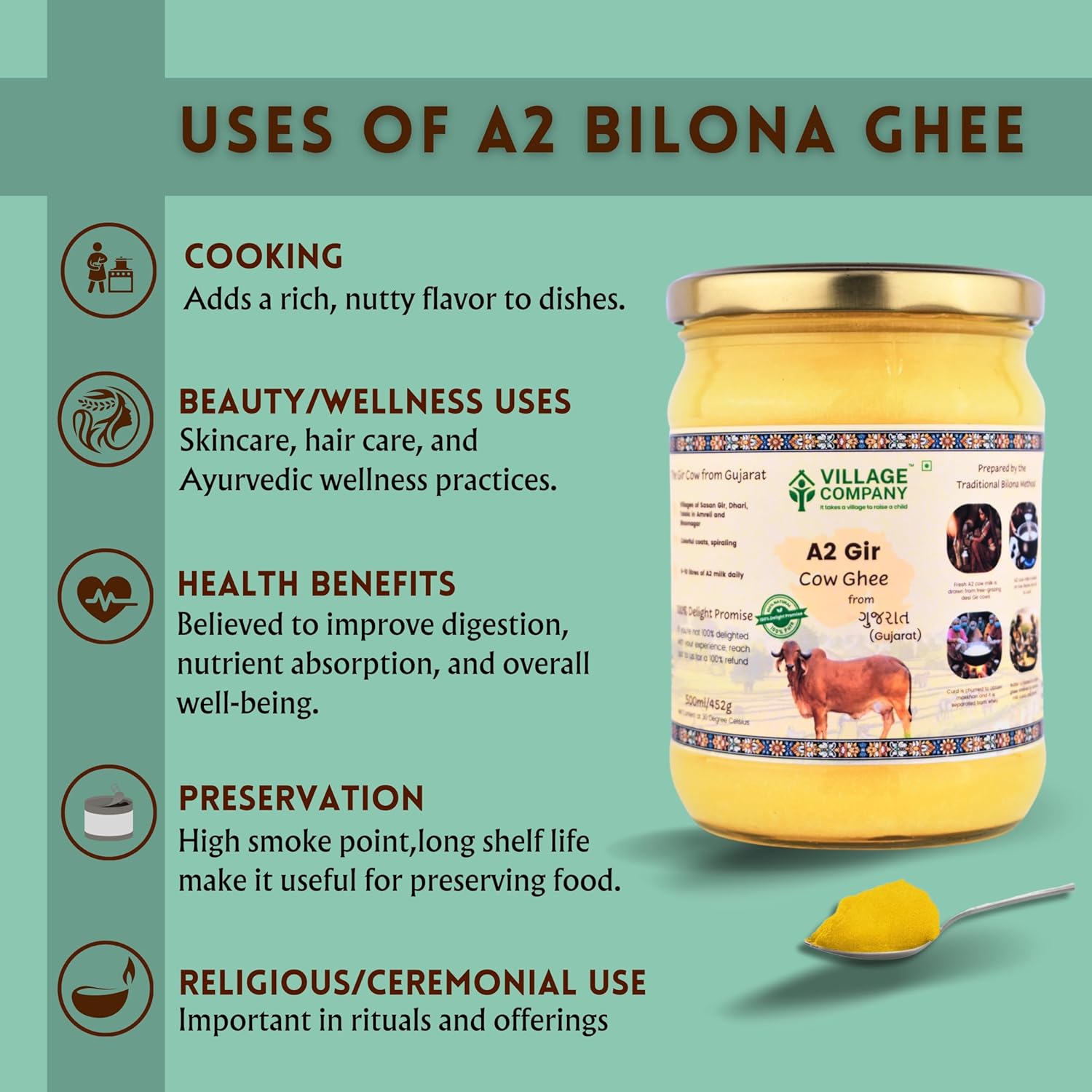 Premium A2 Cow Desi Ghee By Village Company | Rich In Nutrients Calcium & Iron Pure Healthy Desi Cow Ghee For Boost Energy | 1 Litr (500ml * 2) 33.8 Ounce | Jar Pack Premium A2 Cow Desi Ghee By Village Company | Rich In Nutrients Calcium & Iron Pure Healthy Desi Cow Ghee For Boost Energy | 1 Litr (500ml * 2) 33.8 Ounce | Jar Pack