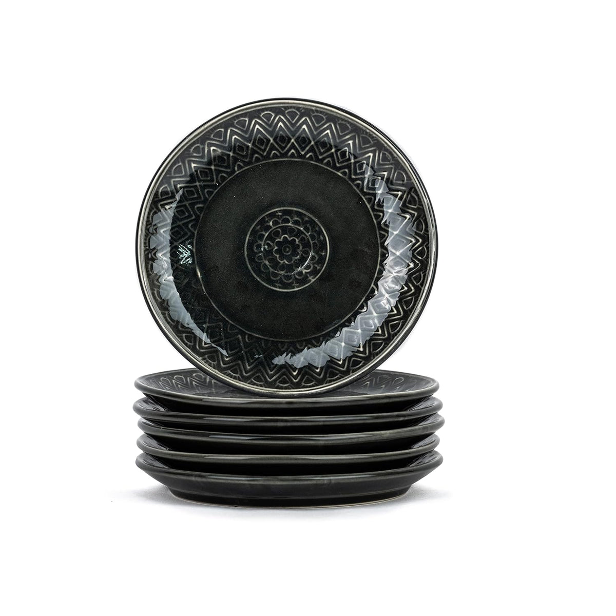 Quarter Plates Set Of 6, Black Carving | Ceramic Snack Plates - Snacks Plates Set | Dessert Plates - Snack Plate | Small Plates With Glossy Finish - Microwave Safe & Chip Resistant
