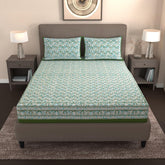 Handloom Printed Double Bedsheet For Queen Size With 2 Matching Pillow Cover | Size 90 X 100 Inches, Green - Cotton Bedsheets For Double Bed | Soft & Smooth