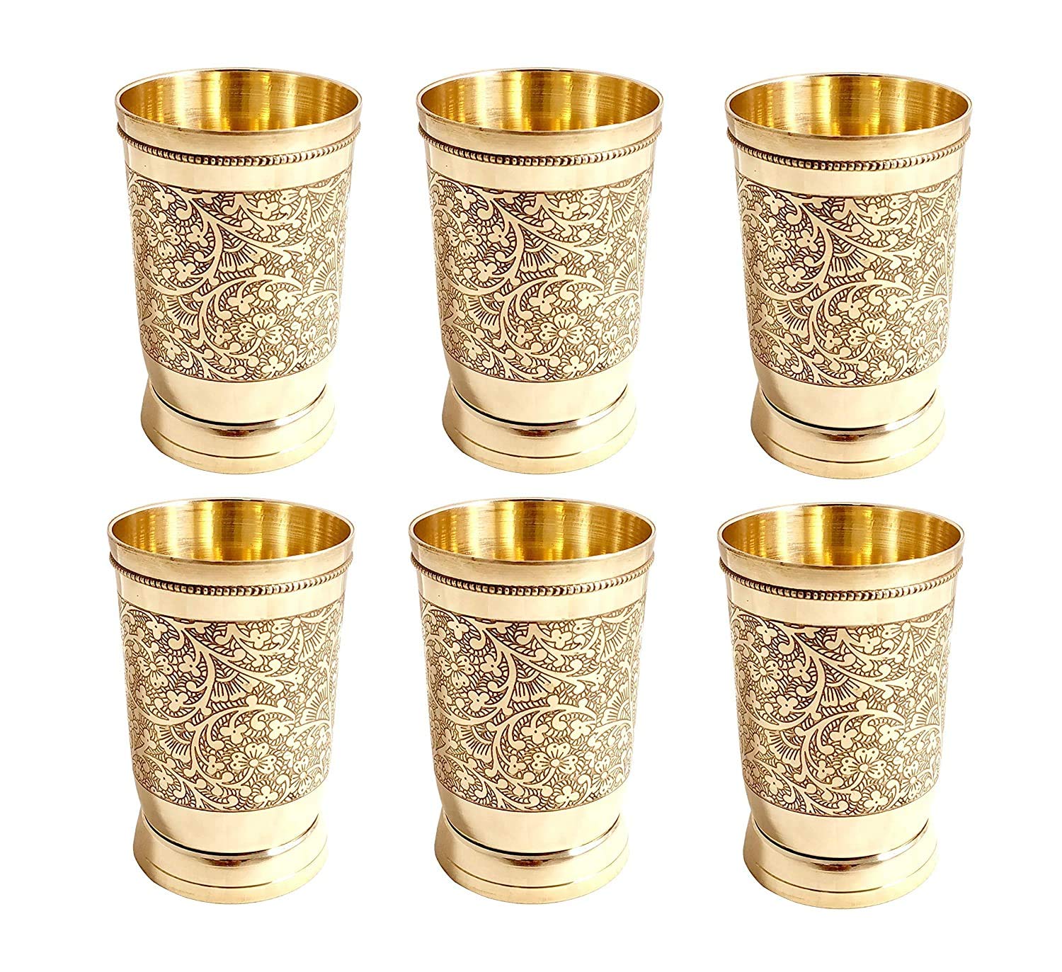 Golden Pure Brass Glass Tumbler Set Of 4 - Capacity 250ml Of Each Glass | Mughlai Style Embossed Design Glass Tumblers Golden Pure Brass Glass Tumbler Set Of 4 - Capacity 250ml Of Each Glass | Mughlai Style Embossed Design Glass Tumblers