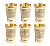 Golden Pure Brass Glass Tumbler Set Of 6 - Capacity 250ml Of Each Glass | Mughlai Style Embossed Design Glass Tumblers
