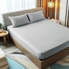 Stripes King Size Cotton Bedsheet With 2 Pillow Covers - 86 X 94 Inches, Light Grey | Perfect For Home Decor, Guest House | Ideal For All Seasons
