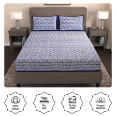 Handloom Printed Double Bedsheet For Queen Size With 2 Matching Pillow Cover | Size 90 X 100 Inches, Blue & White - Cotton Bedsheets For Double Bed | Soft & Smooth