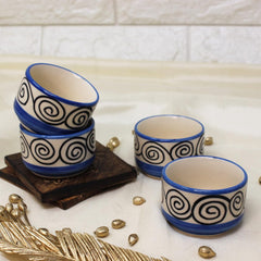 Blue Swirl Small Ceramic Dip Bowls Set - 4 Pieces, 50ml Each | Hand Painted Mini Chutney Bowls - Pickle Small Katoris For Serving Sauce