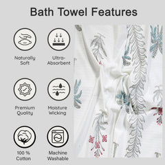 Urbano Homz 100% Cotton Large Size Bath Towel 350 Gsm | For Men & Women, Ethnic Bathing Towel (Teal & Grey With Red Flowers)