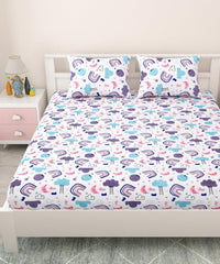 Pure Cotton Kids Bedsheet Double Bed Queen Size With 2 Pillow Covers | 90 X 100 Inches, White & Lavender | Fun Cartoon Theme, Soft & Breathable Fabric