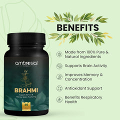 Ambrosial Brahmi Capsules 500mg Bacopa Monnieri, High Strength Brain Nootropics Supplements To Focus, Mental Performance & Energy | 60 Capsules 100gm 0.2lbs Each Pack Of 2