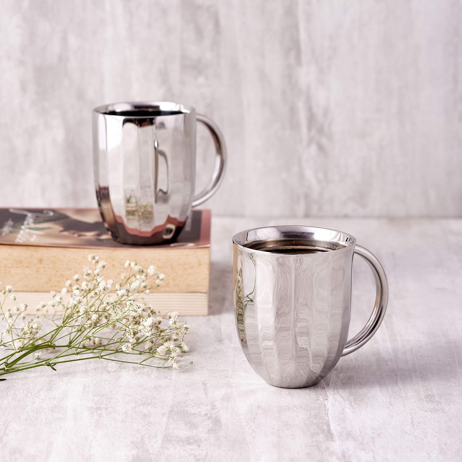 Designer Chrome Stainless Steel Tea Coffee Mug Set Of 2 - 180ml Each | Corporate Gifting For Diwali - Unbreakable Cup For Kitchen & Home Decor, Dining Tableware Designer Chrome Stainless Steel Tea Coffee Mug Set Of 2 - 180ml Each | Corporate Gifting For Diwali - Unbreakable Cup For Kitchen & Home Decor, Dining Tableware