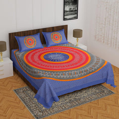 Pure 100% Cotton Double Bed Sheet With 2 Pillow Covers - 90 X 100 Inches, Blue & Red | Beautifully Handcrafted Jaipuri Bedsheets - Skin Friendly Fabric