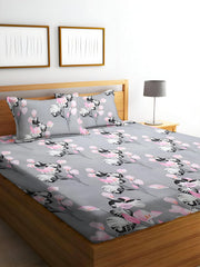 Printed King Size Bedsheet With 2 Matching Pillow Covers - 90 X 90 Inches, Grey & Pink | Durable & Long-Lasting | Naturally Soft, Breathable, & Skin-Friendly