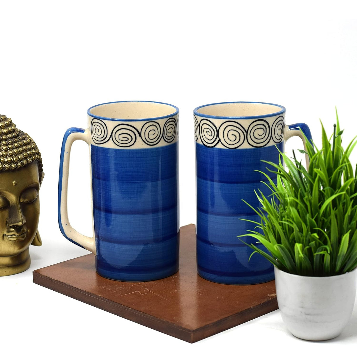 Hand Painted Blue Swirl Jumbo Ceramic Coffee Mug Set Of 2 - 500ml Each | Milk Mugs & Ceramic Beer Mugs Set Of 2 Large Mugs - Microwave Safe & Dishwasher Safe