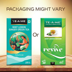 TE-A-ME Mint, Lemon & Ginger Revive Green Tea - 25 Tea Bags | Boosts Immunity & Metabolism - 100% Natural Ingredients