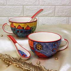Exotic Panorama Hand Painted Handled Ceramic Soup Bowls With Spoons Set Of 2 - 300ml Each, Multicolor | Serving Bowls With Matching Spoons | Ceramic Soup Cups - Microwave Safe & Dishwasher Safe