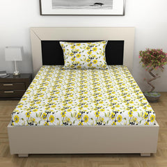 Bedsheet For Single Size Bed With 1 Pillow Cover - 57 X 87 Inches, White & Yellow | Gifts For Wedding Or Anniversary, Surprise, Soft, Breathable, & Comfortable Bedsheet