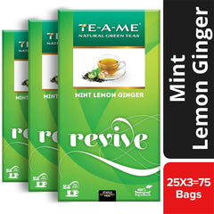 TE-A-ME Mint, Lemon & Ginger Revive Green Tea - Pack Of 3 X 25 Tea Bags | Boosts Immunity & Metabolism - 100% Natural Ingredients