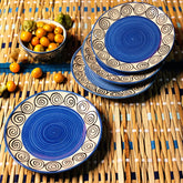 Hand Painted Blue Swirl Ceramic Quarter Plates Set Of 4 | Small Side Plates For Dinner & Snacks - 7 Inch, 4 Pieces, Microwave Safe