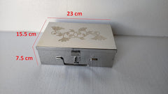 Stainless Steel Storage Boxes, Cash Peti, Pooja Peti, Organizer, Vanity Box, Safe Locker Box- 9 Inch Storage Box, W-23 Cm, H-7.5 Cm, L-15.5 Cm. Cash Box With Laser Print Design, Medium