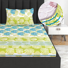Super Soft Single Fitted Bedsheet With 1 Pillow Cover | 57 X 78 + 6 Inches, White & Green - Perfect For Use In Bedrooms, Guest Rooms, Dormitories