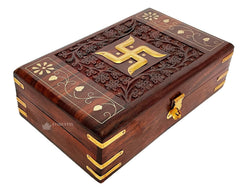 Exquisitely Hand Brass - Filled Wooden Swastik Box For Good Luck| Jewellery Box, Handmade Decorative Case, Vanity Organiser For Women, Girls, Necklaces, Gold 8 X 5 Inches, Tombs