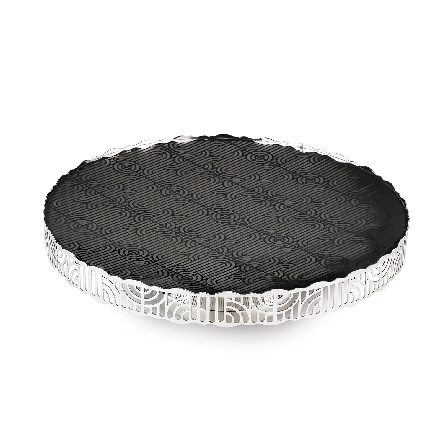 Silver Stainless Steel Round Serving Platter - Deco Lattice Series | Premium Mirror Finish, Multipurpose Cupcake Bruschetta Crostini Dessert Platter With Stand | Serve Ware Silver Stainless Steel Round Serving Platter - Deco Lattice Series | Premium Mirror Finish, Multipurpose Cupcake Bruschetta Crostini Dessert Platter With Stand | Serve Ware