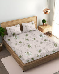 King Size Fitted Bedsheet With 2 Large Pillow Covers - 108 X 108 Inches, Beige & Green | Soft, Breathable & Durable | Wrinkle Resistant