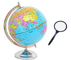 Educational Globe + Magnifying Glass, Rotating World Globe With Steel Finish Arc & Base | World Globe, For Kids Learning, Students & Home Decor, Office Desk, Pack Of 1