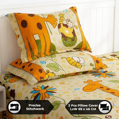 Kids Double Bed Bedsheet Set With 2 Pillow Covers - 88 X 100 Inches, Cream & Orange | Soft Bedding For Boys & Girls | Baby Animals Design