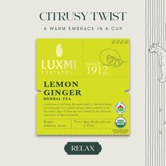 Luxmi Estates Lemon Ginger Herbal Tea - 100gm, 3.5 Ounce, 50 Tea Bags | USDA Organic Certified Herbal Tea - Made With Lemon Peel, Ginger, Lemongrass, Licorice | Caffeine Free Herbal Tea
