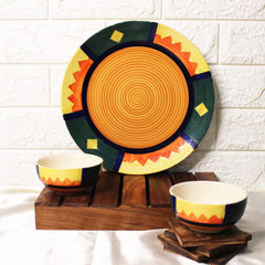 Boho Fiesta Hand Painted Ceramic Dinner Set - 3 Pieces, Multicolor | 1 Dinner Plate + 2 Katori Serving Bowls, 180ml Each | Serving For 1 - Microwave Safe & Dishwasher Safe